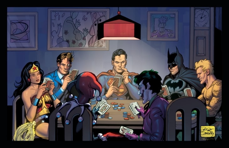 Superhéroes y villanos jugando al poker